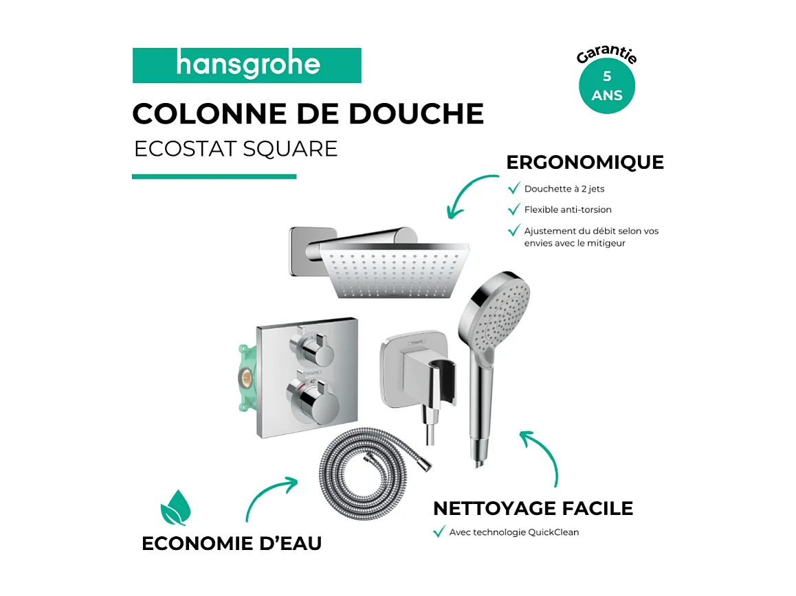 Colonne douche thermostatique HANSGROHE Ecostat Square Douche de tête Vernis Shape Flexible Metaflex Douchette Vernis Blend chromé