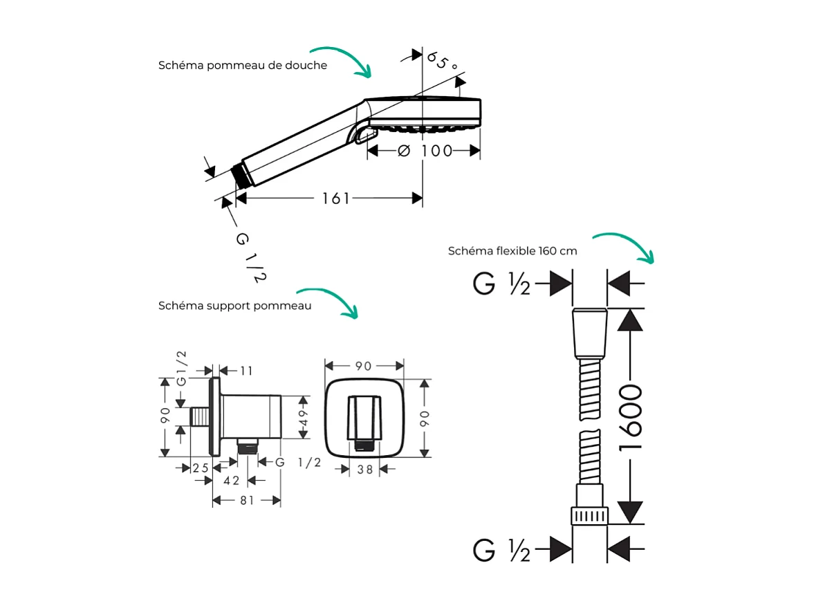 Colonne douche thermostatique HANSGROHE Ecostat Square Douche de tête Vernis Shape Flexible Metaflex Douchette Vernis Blend chromé