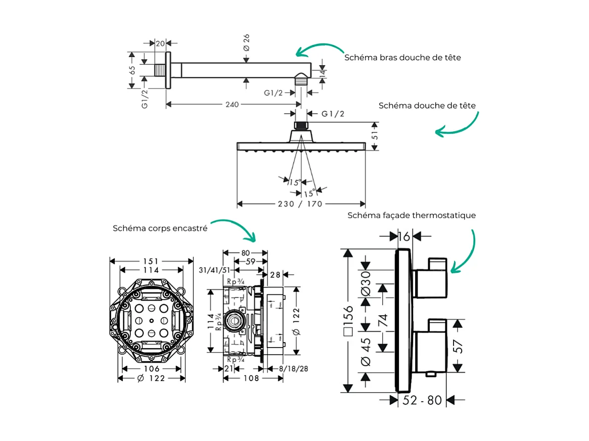 Colonne douche thermostatique HANSGROHE Ecostat Square Douche de tête Vernis Shape Flexible Metaflex Douchette Vernis Blend chromé