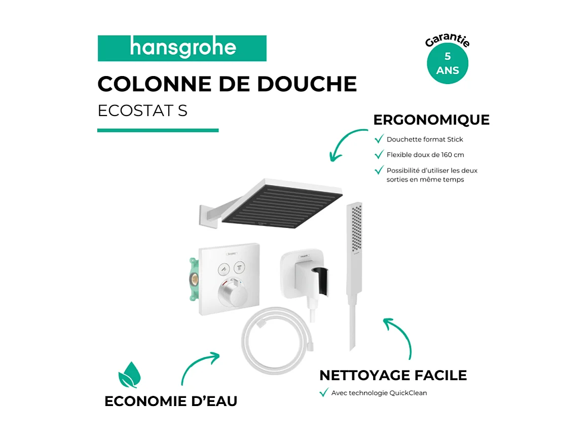 Colonne douche thermostatique HANSGROHE ShowerSelect E Douche de tête Pulsify S Flexible Designflex Douchette Pulsify E  blanc mat