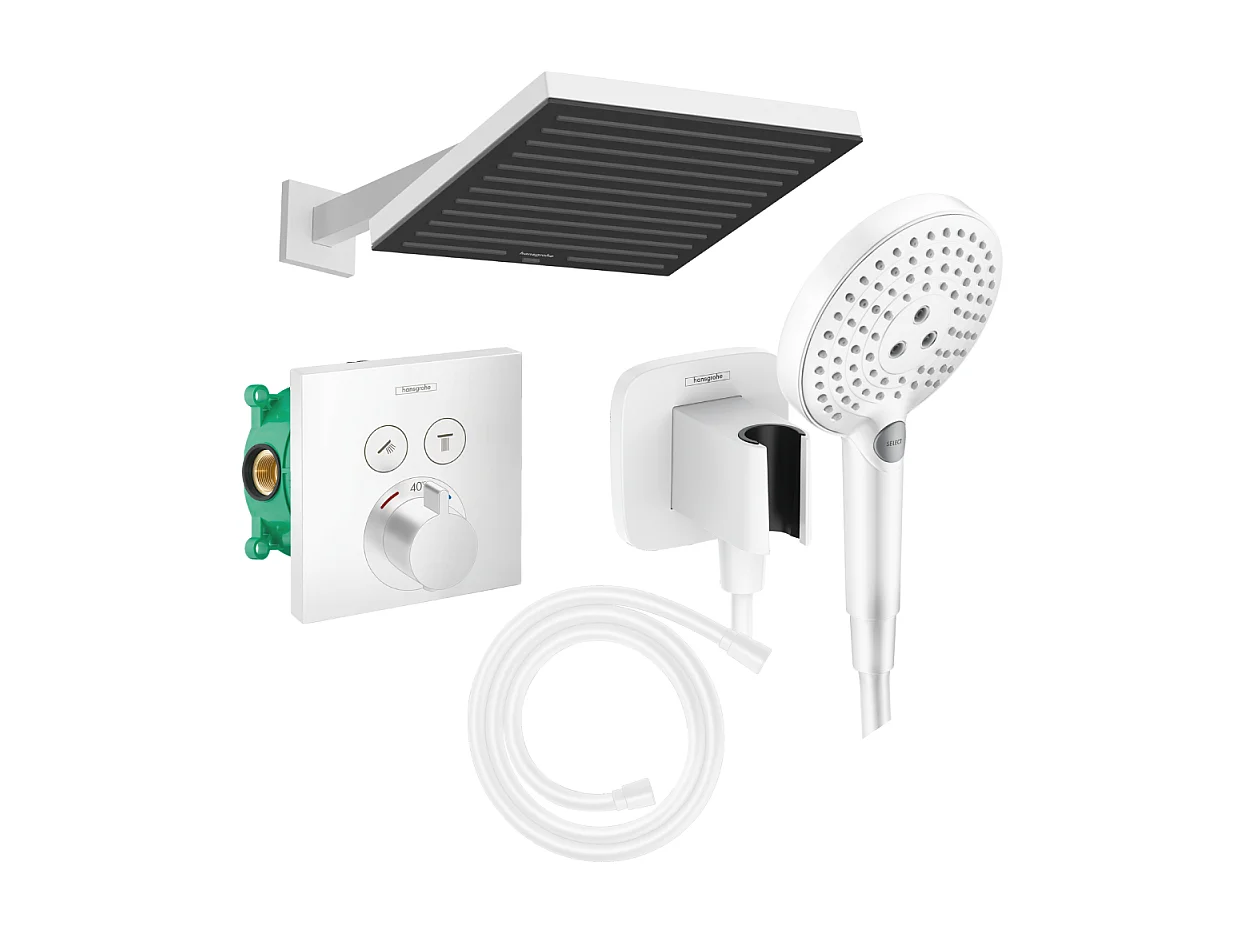 Colonne douche thermostatique HANSGROHE ShowerSelect E Douche de tête Pulsify S Flexible Isiflex Douchette Raindance SelectS blanc