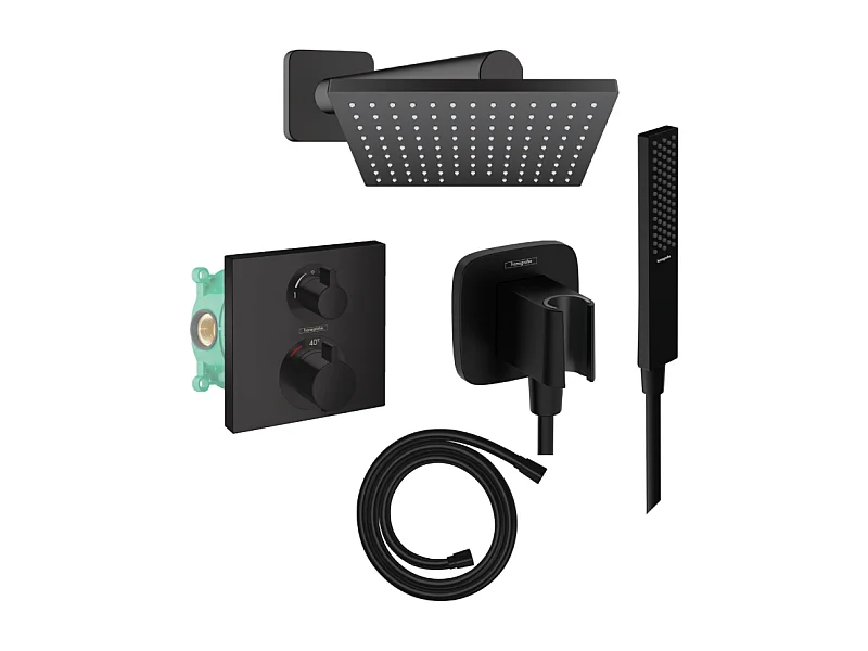 Colonne douche thermostatique HANSGROHE Ecostat Square Douche de tête Vernis Shape Flexible Isiflex Douchette Pulsify E  noir mat