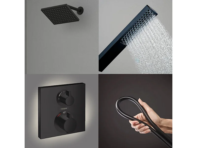 Colonne douche thermostatique HANSGROHE Ecostat Square Douche de tête Vernis Shape Flexible Isiflex Douchette Pulsify E  noir mat