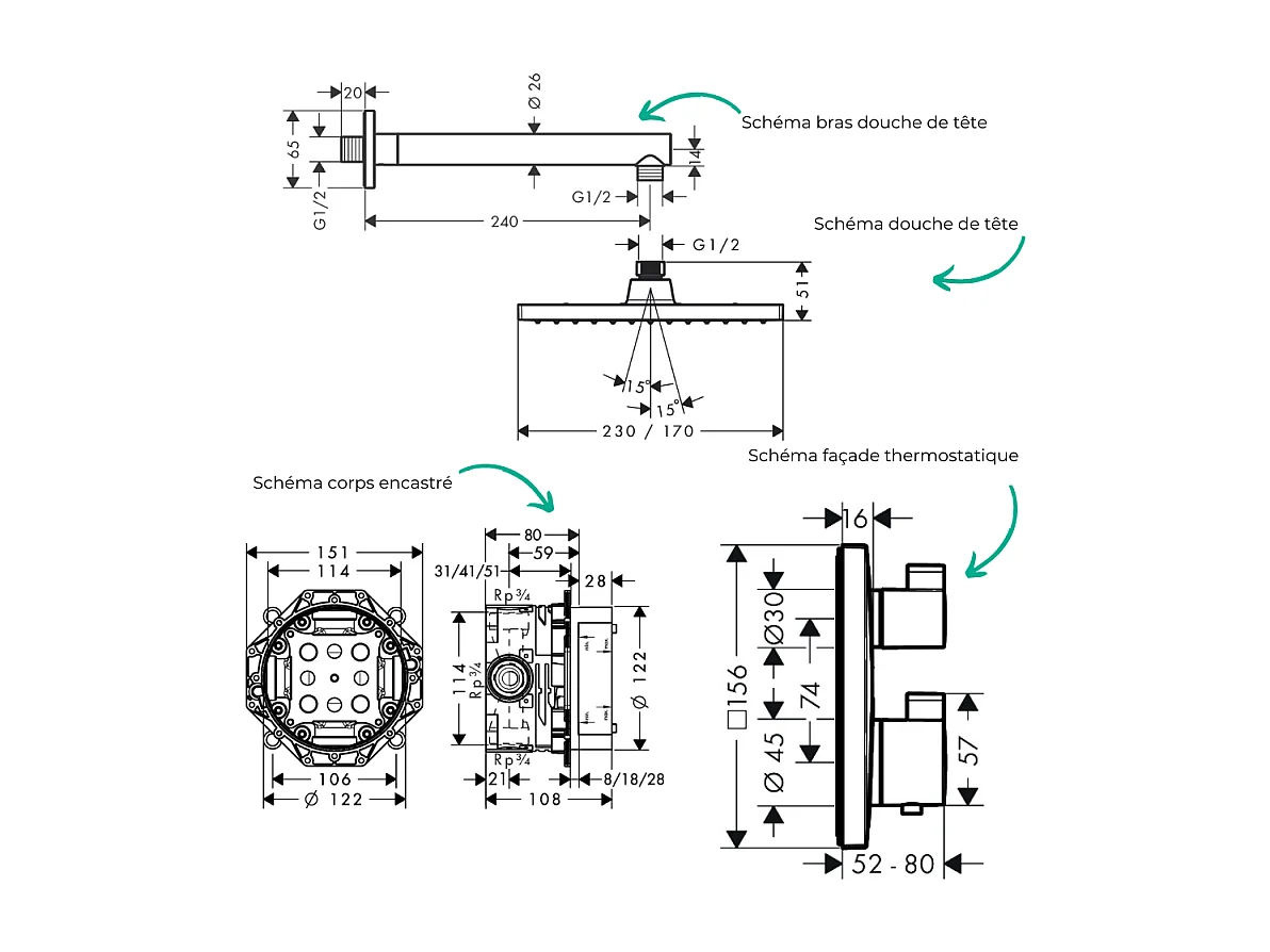 Colonne douche thermostatique HANSGROHE Ecostat Square Douche de tête Vernis Shape Flexible Isiflex Douchette Pulsify E  noir mat