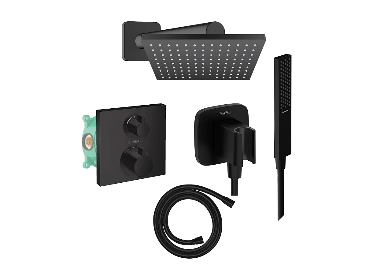 Colonne douche thermostatique HANSGROHE Ecostat Square Douche de tête Vernis Shape Flexible Isiflex Douchette Pulsify E  noir mat