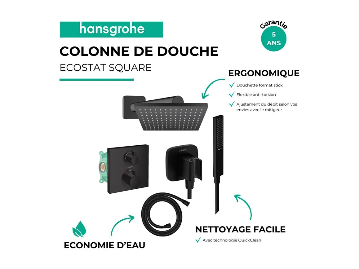 Colonne douche thermostatique HANSGROHE Ecostat Square Douche de tête Vernis Shape Flexible Isiflex Douchette Pulsify E  noir mat