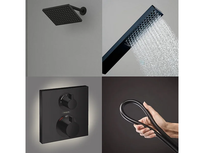 Colonne douche thermostatique HANSGROHE Ecostat Square Douche de tête Vernis Shape Flexible Isiflex Douchette Pulsify E  noir mat