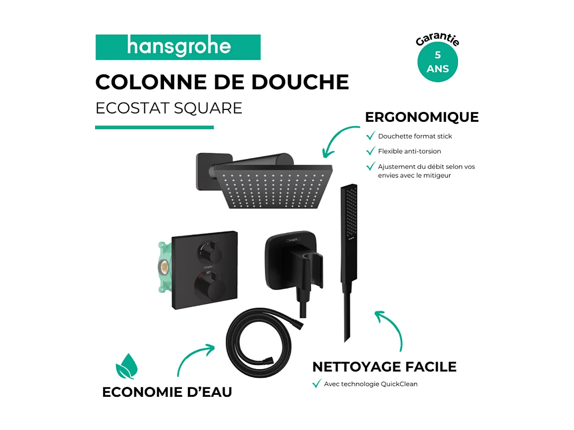 Colonne douche thermostatique HANSGROHE Ecostat Square Douche de tête Vernis Shape Flexible Isiflex Douchette Pulsify E  noir mat