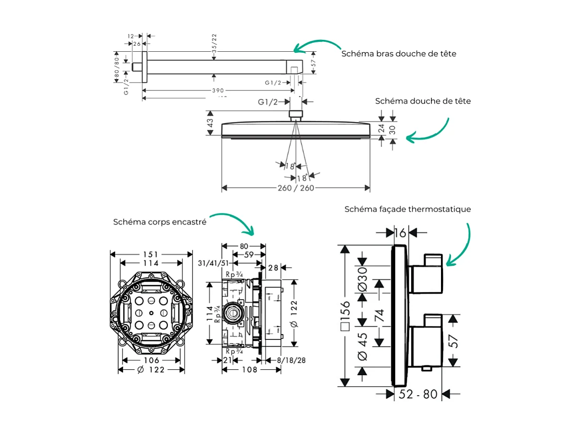 Colonne douche thermostatique HANSGROHE Ecostat Square Douche tête PulsifyS Flexible Designflex Douchette Raindance SelectS blanc