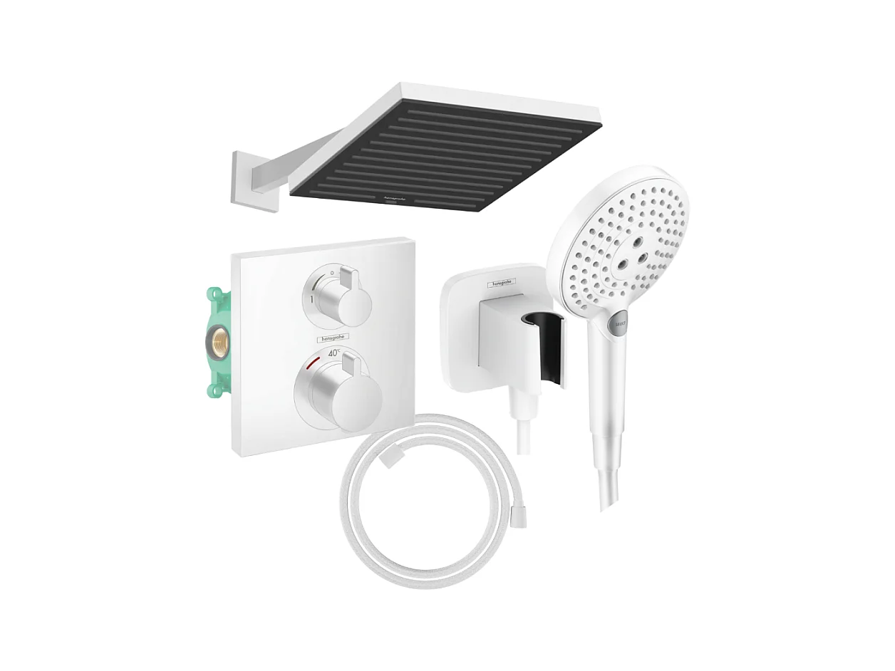 Colonne douche thermostatique HANSGROHE Ecostat Square Douche tête PulsifyS Flexible Designflex Douchette Raindance SelectS blanc