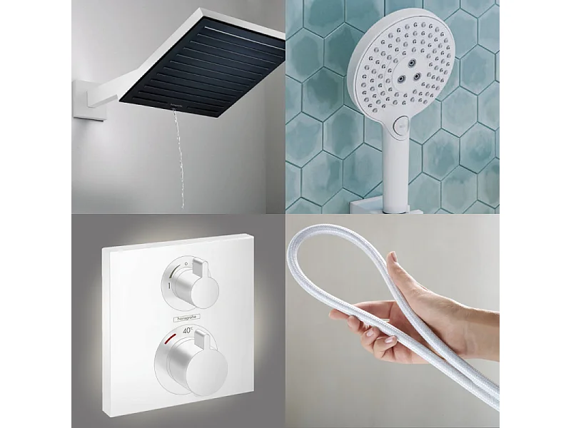 Colonne douche thermostatique HANSGROHE Ecostat Square Douche tête PulsifyS Flexible Designflex Douchette Raindance SelectS blanc