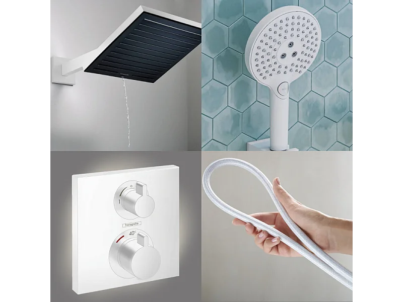 Colonne douche thermostatique HANSGROHE Ecostat Square Douche tête PulsifyS Flexible Designflex Douchette Raindance SelectS blanc
