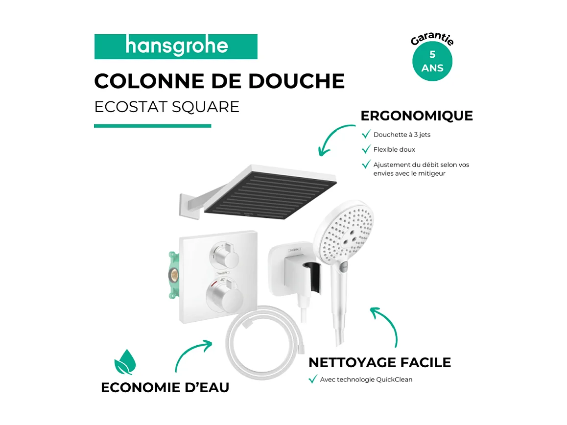 Colonne douche thermostatique HANSGROHE Ecostat Square Douche tête PulsifyS Flexible Designflex Douchette Raindance SelectS blanc