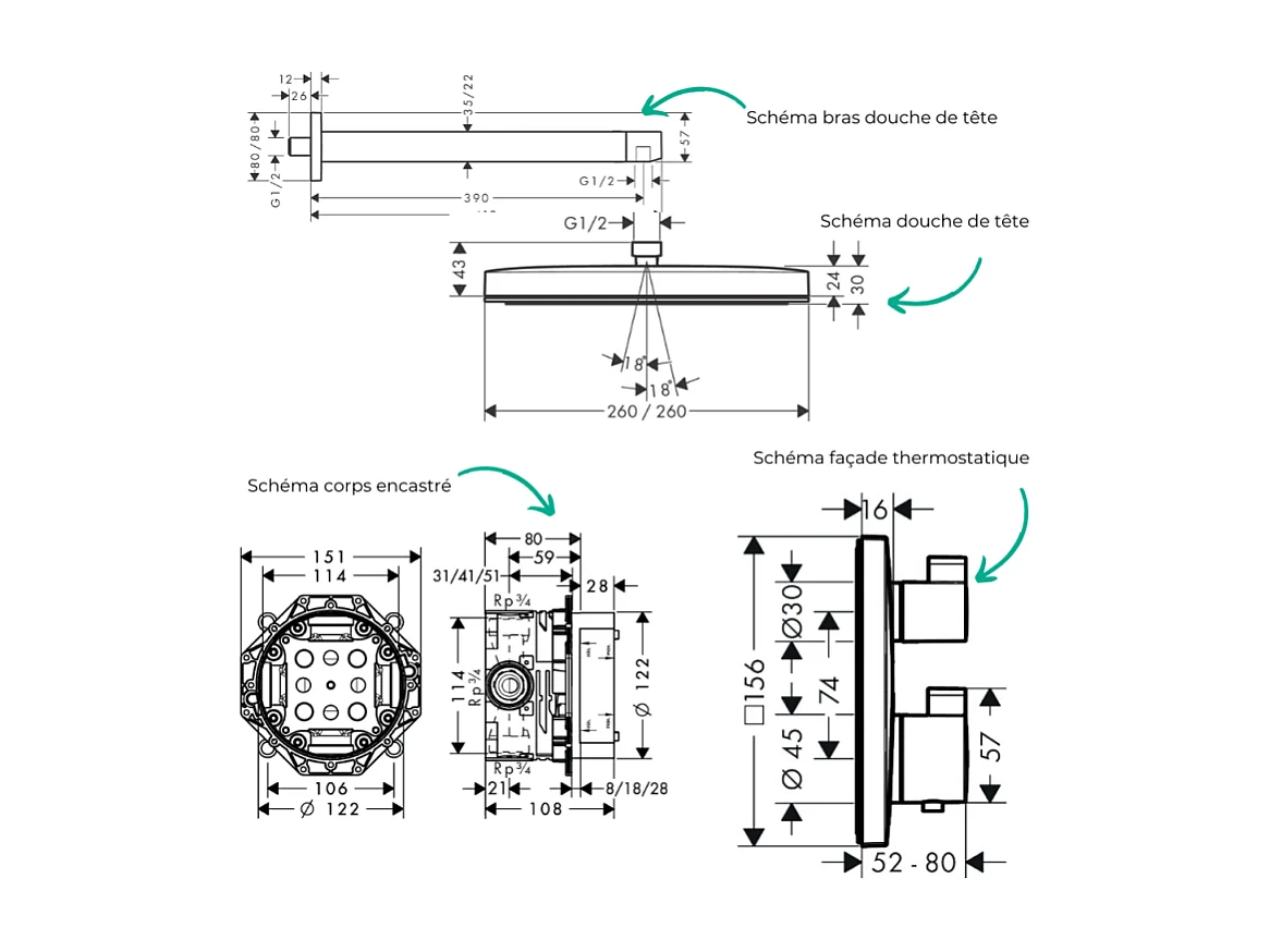 Colonne douche thermostatique HANSGROHE Ecostat Square Douche tête PulsifyS Flexible Designflex Douchette Raindance SelectS blanc