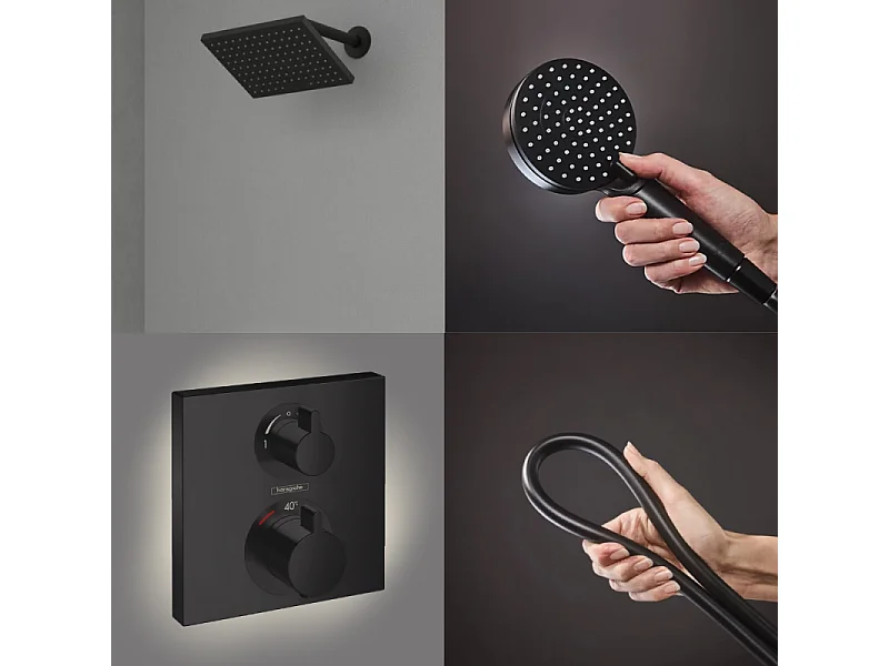 Colonne douche thermostatique HANSGROHE Ecostat Square Douche de tête Vernis Flexible Isiflex Douchette Vernis Blend noir