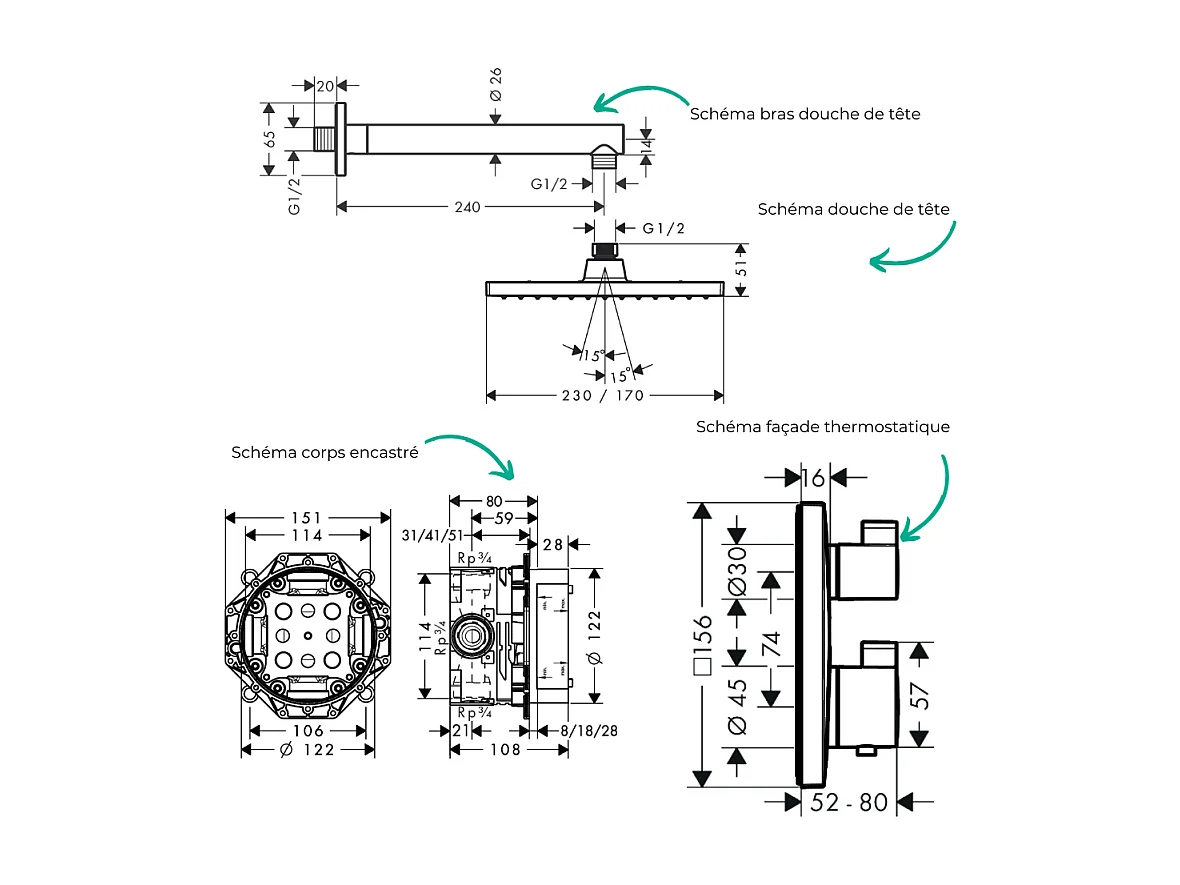 Colonne douche thermostatique HANSGROHE Ecostat Square Douche de tête Vernis Flexible Isiflex Douchette Vernis Blend noir