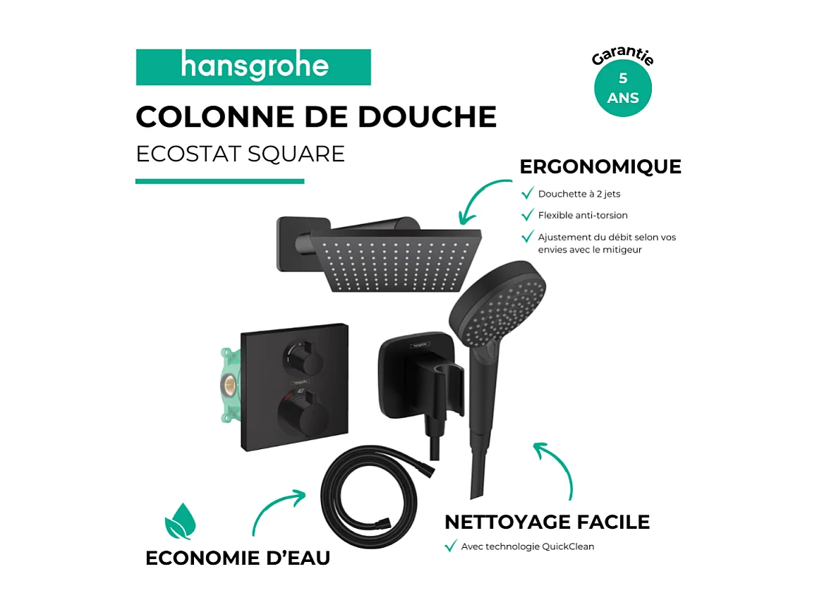 Colonne douche thermostatique HANSGROHE Ecostat Square Douche de tête Vernis Flexible Isiflex Douchette Vernis Blend noir