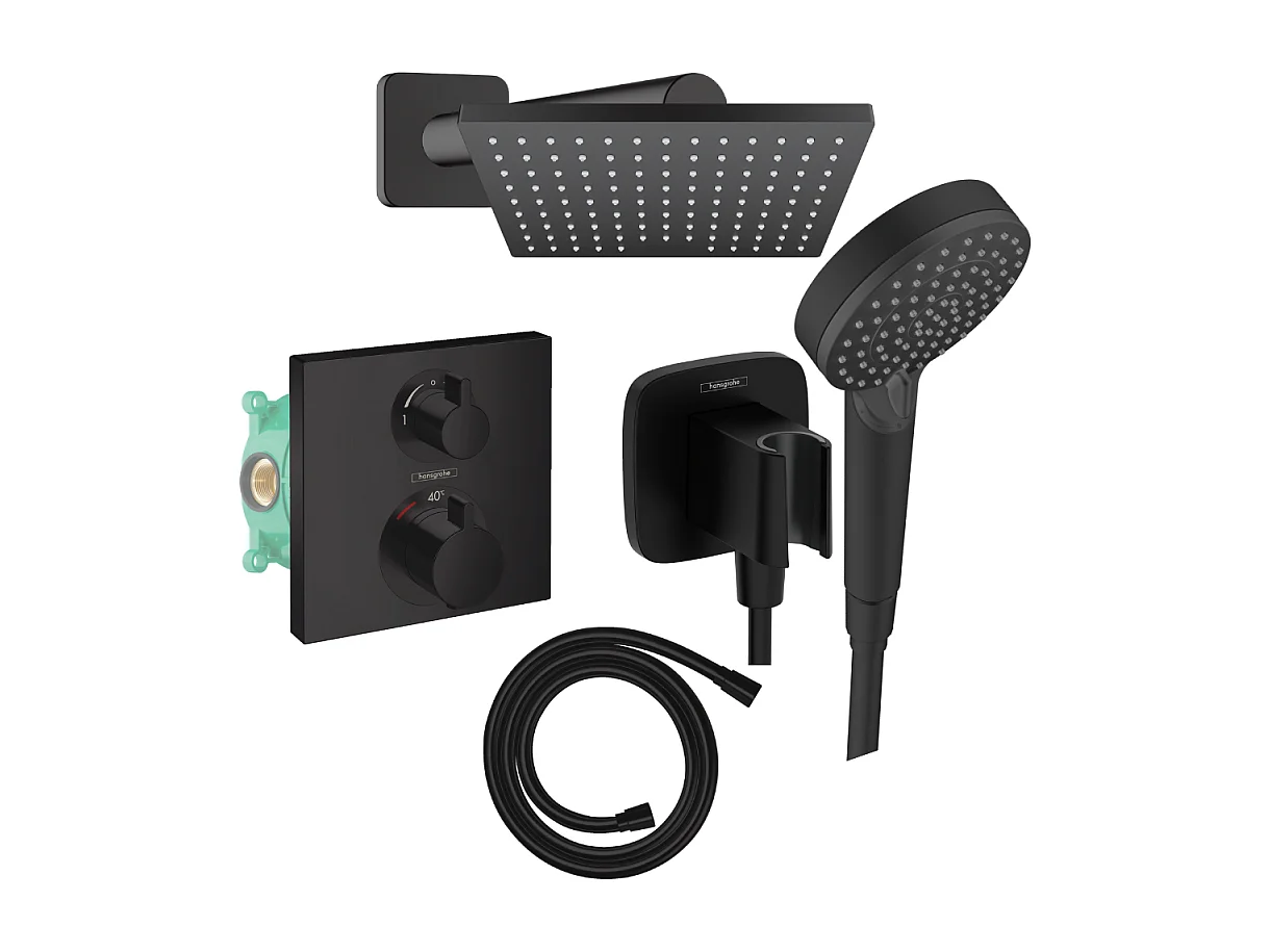 Colonne douche thermostatique HANSGROHE Ecostat Square Douche de tête Vernis Flexible Isiflex Douchette Vernis Blend noir