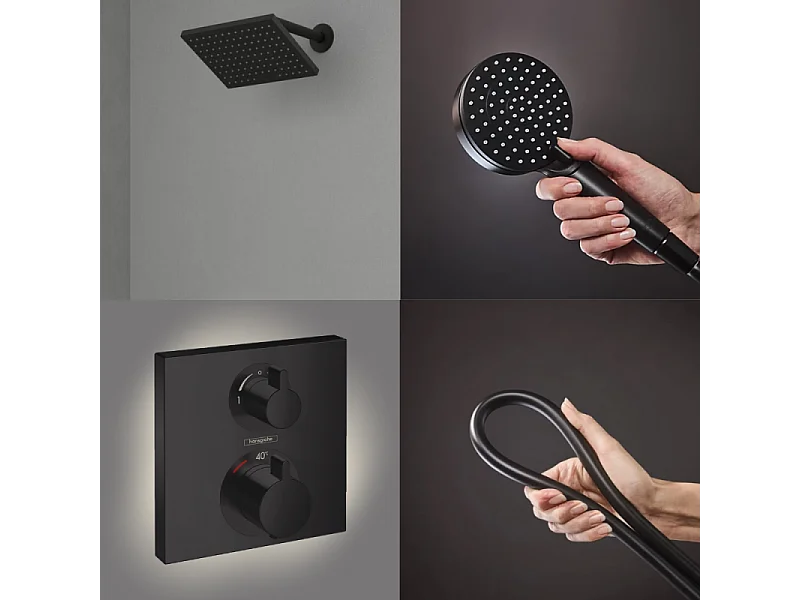 Colonne douche thermostatique HANSGROHE Ecostat Square Douche de tête Vernis Flexible Isiflex Douchette Vernis Blend noir