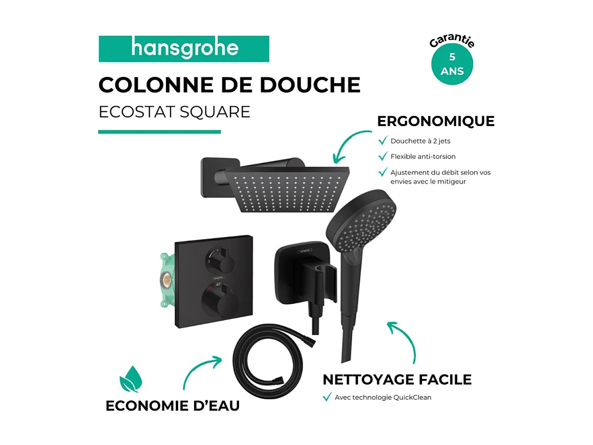 Colonne douche thermostatique HANSGROHE Ecostat Square Douche de tête Vernis Flexible Isiflex Douchette Vernis Blend noir
