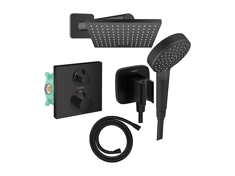 Colonne douche thermostatique HANSGROHE Ecostat Square Douche de tête Vernis Flexible Isiflex Douchette Vernis Blend noir