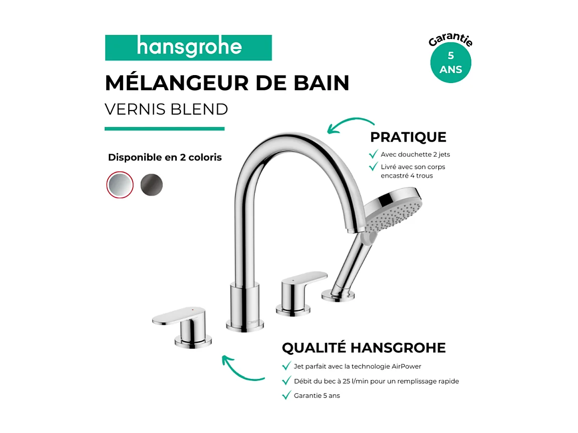 Mélangeur bain douche 4 trous HANSGROHE Vernis Blend chromé + corps d'encastrement