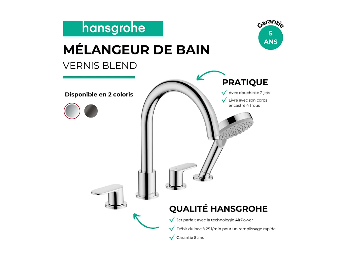 Mélangeur bain douche 4 trous HANSGROHE Vernis Blend chromé + corps d'encastrement