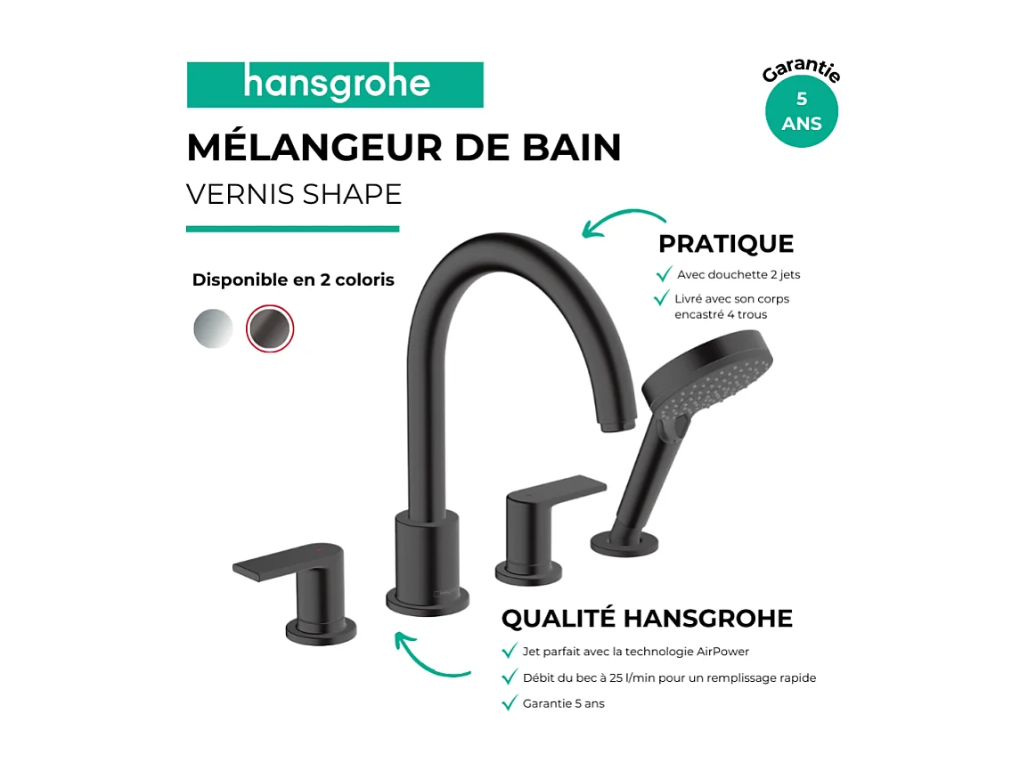 Mélangeur bain douche 4 trous HANSGROHE Vernis Shape noir mat + corps d'encastrement