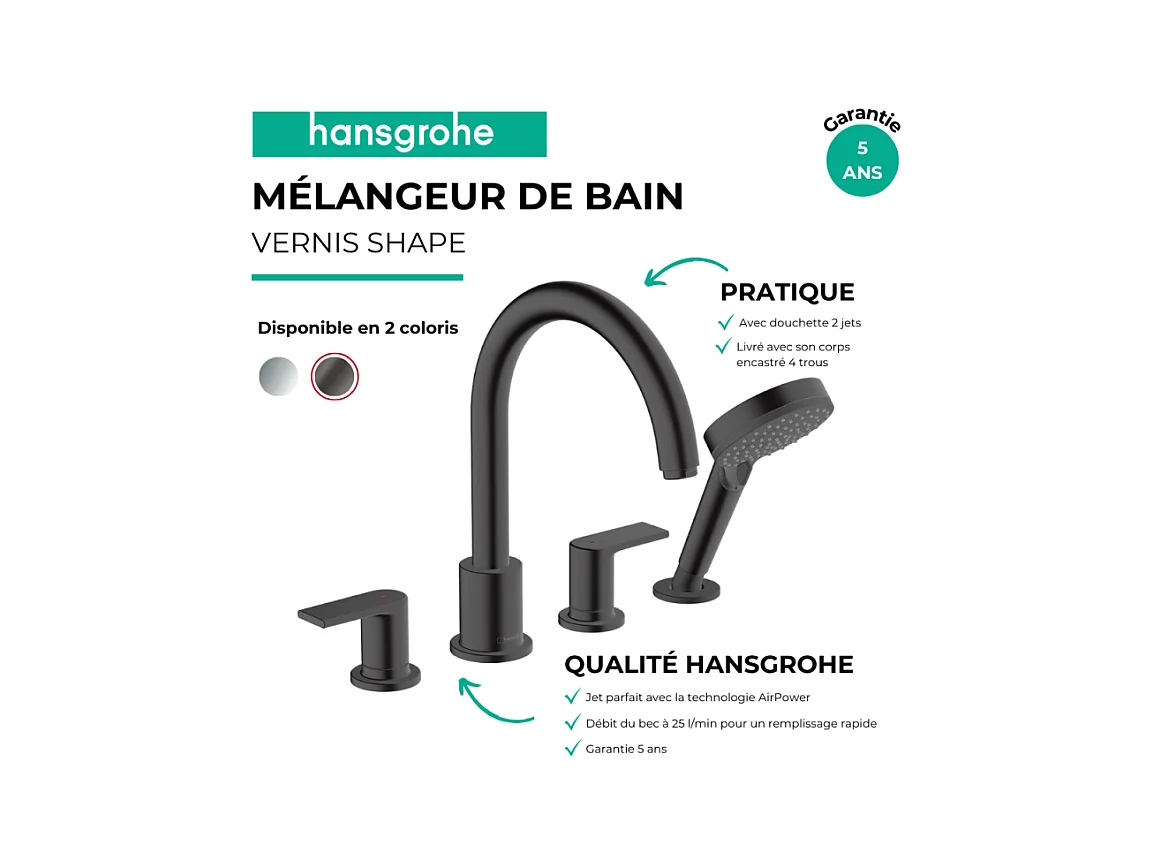 Mélangeur bain douche 4 trous HANSGROHE Vernis Shape noir mat + corps d'encastrement