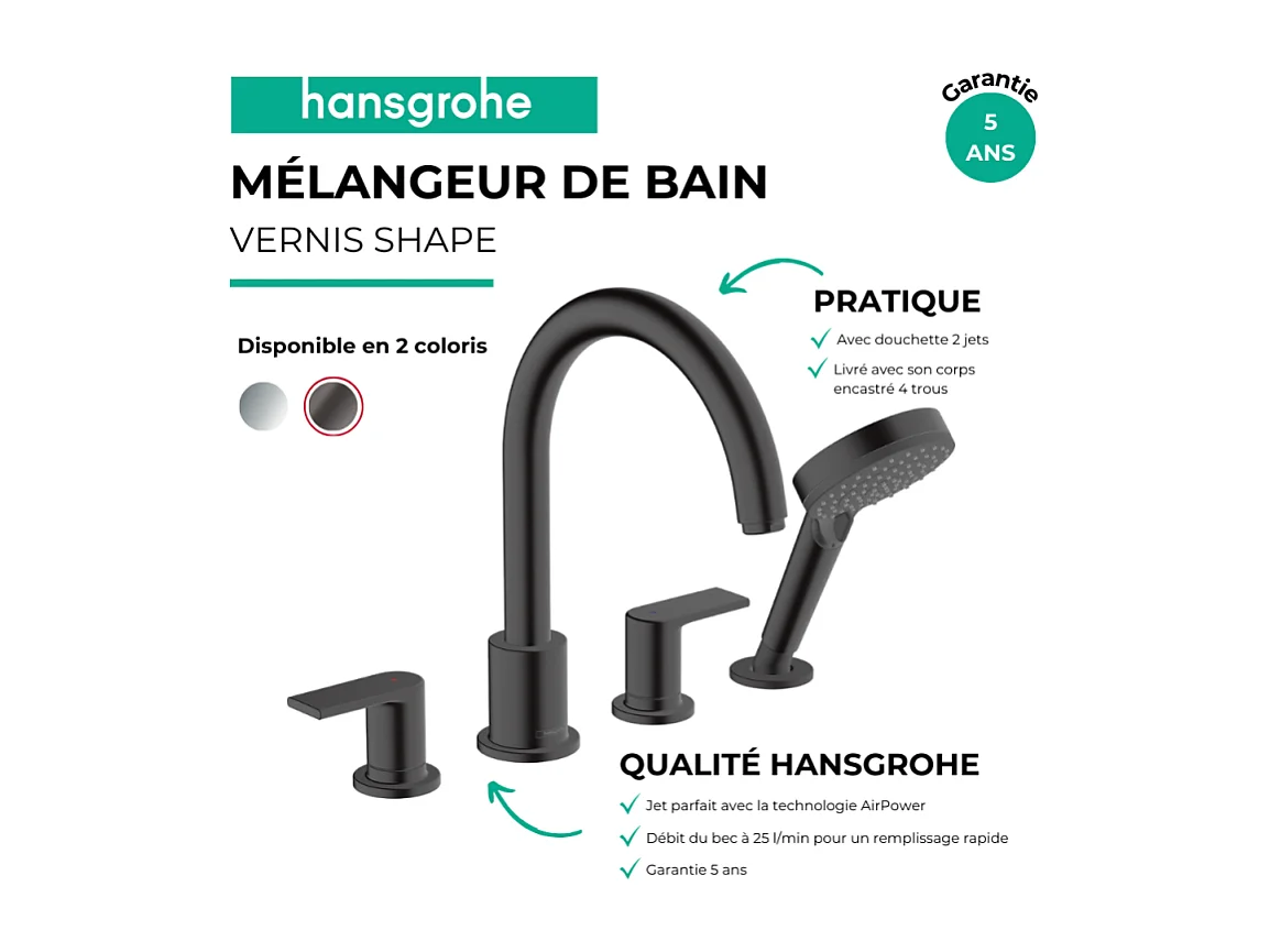 Mélangeur bain douche 4 trous HANSGROHE Vernis Shape noir mat + corps d'encastrement