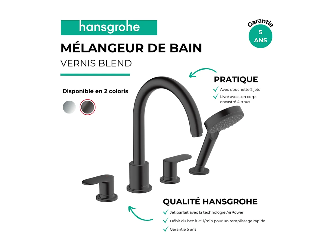 Mélangeur bain douche 4 trous HANSGROHE Vernis Blend noir mat + corps d'encastrement