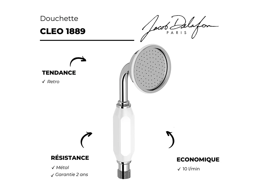 Pommeau de douche JACOB DELAFON Cléo 1889 chrome + flexible