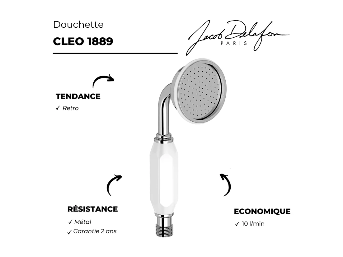 Pommeau de douche JACOB DELAFON Cléo 1889 chrome + flexible