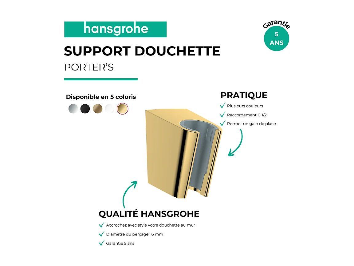 Support douchette mural HANSGROHE Porter'S Doré poli
