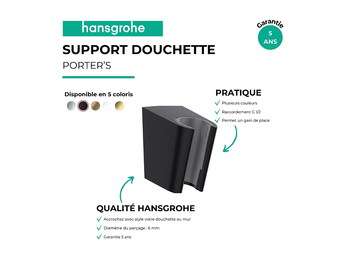 Support douchette mural HANSGROHE Porter'S Noir mat