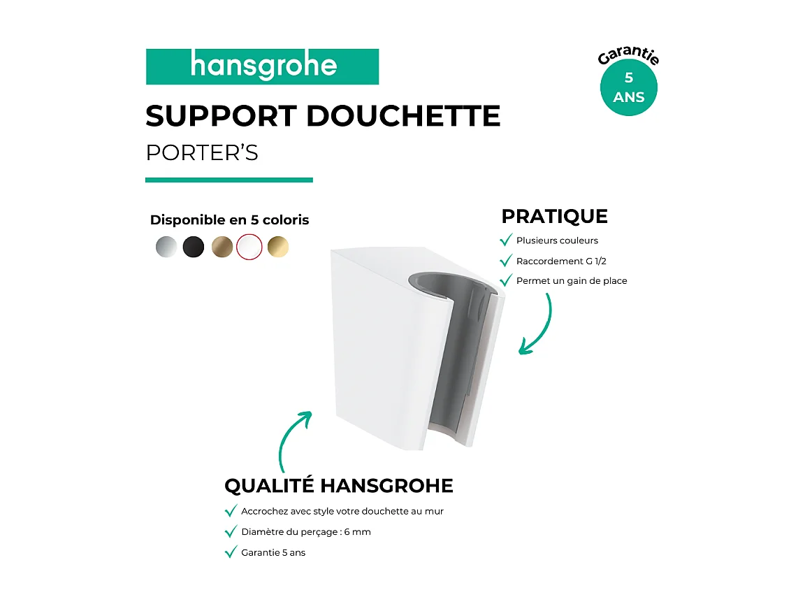 Support douchette mural HANSGROHE Porter'S Blanc mat