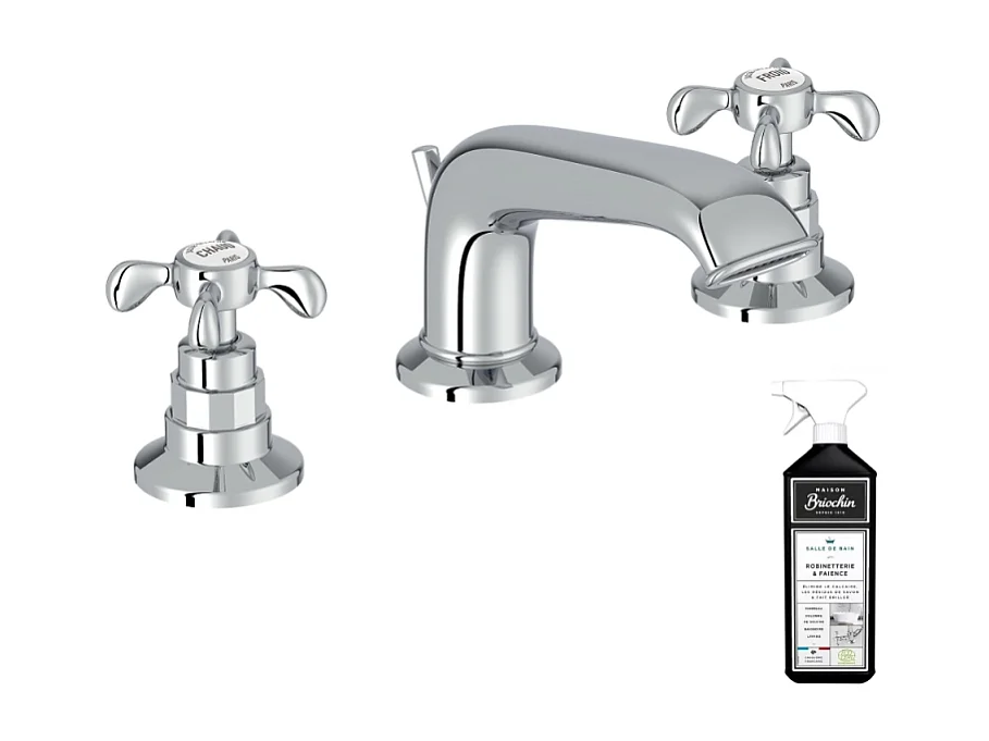 Mitigeur lavabo 3 trous rétro JACOB DELAFON Cleo poignées à croisillon chrome + nettoyant