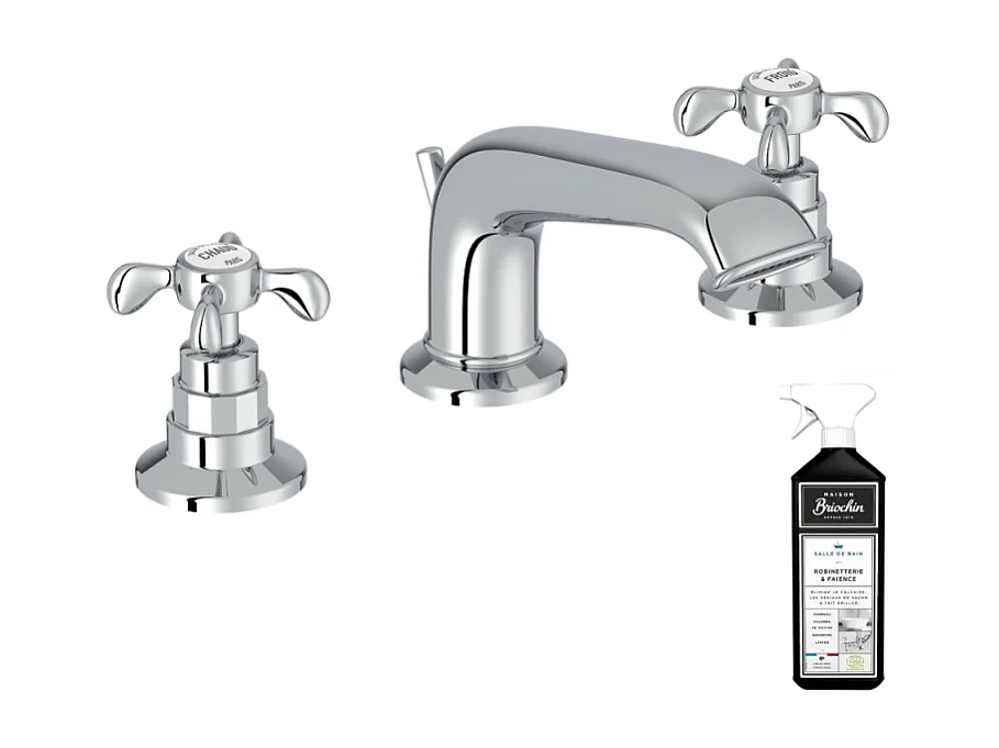 Mitigeur lavabo 3 trous rétro JACOB DELAFON Cleo poignées à croisillon chrome + nettoyant