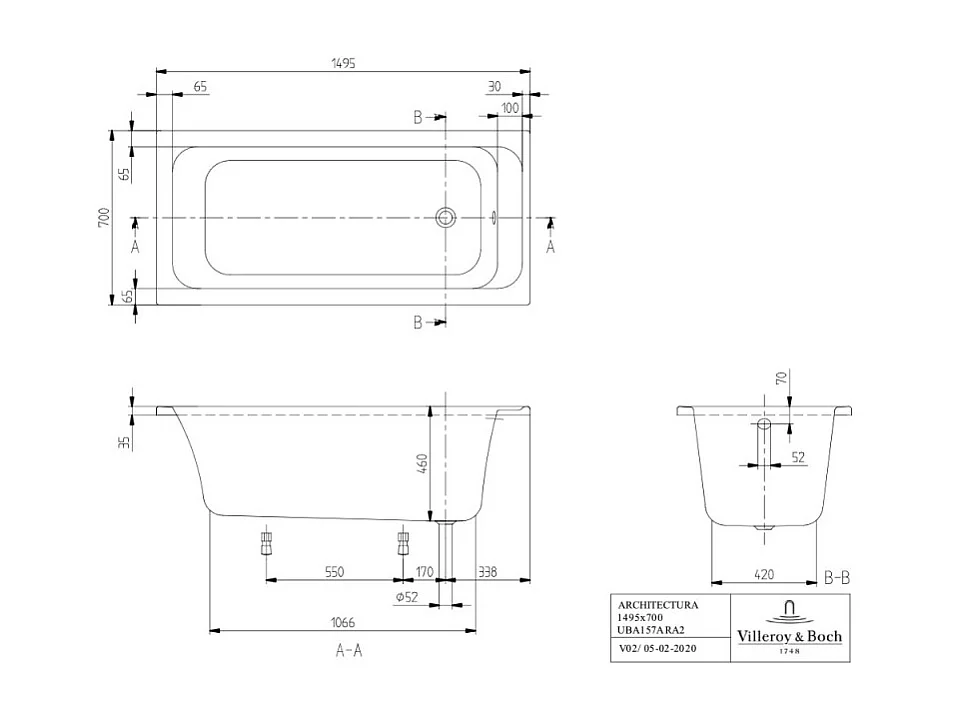Baignoire droite 150 X 70 VILLEROY ET BOCH Architectura acrylique avec pieds