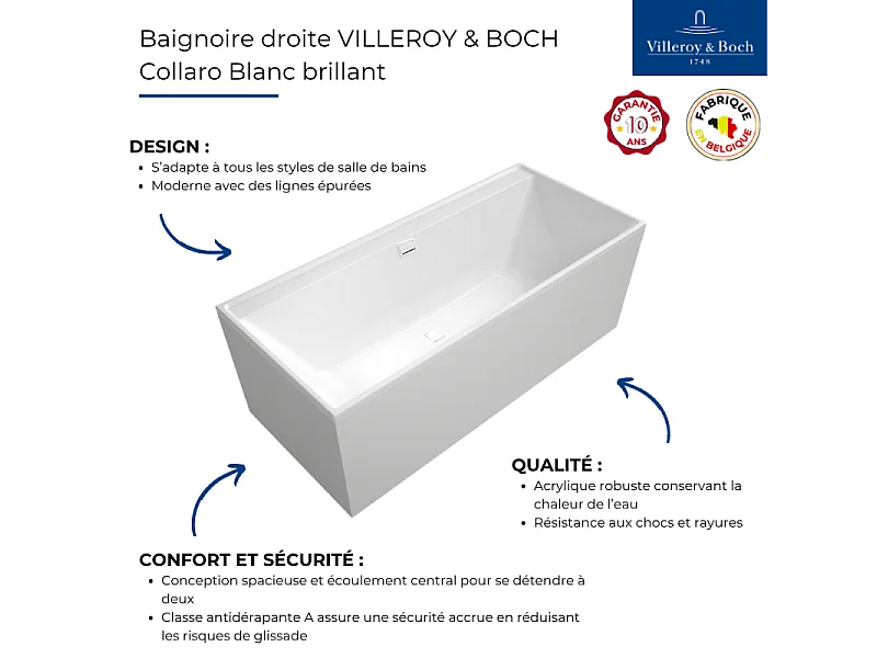 Baignoire droite 160 x 75 VILLEROY & BOCH Collaro acrylique blanc brillant avec vidage et trop plein blanc brillant