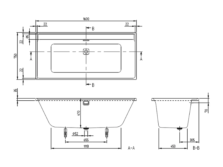 Baignoire droite 160 x 75 VILLEROY & BOCH Collaro acrylique blanc mat avec vidage et trop plein blanc mat