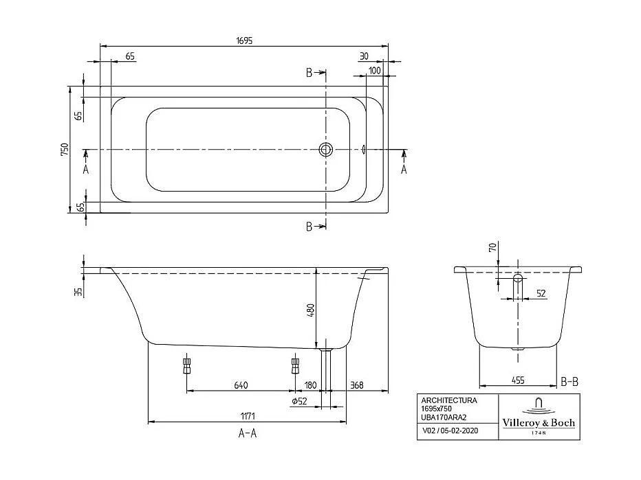Baignoire droite 170 X 75 VILLEROY ET BOCH Architectura acrylique avec pieds