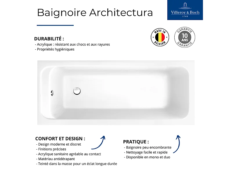 Baignoire droite 140 X 70 VILLEROY ET BOCH Architectura acrylique avec pieds