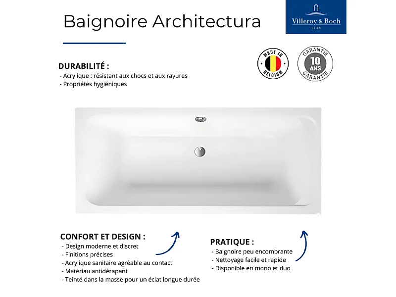 Baignoire droite 180 X 80 VILLEROY ET BOCH Architectura acrylique avec pieds