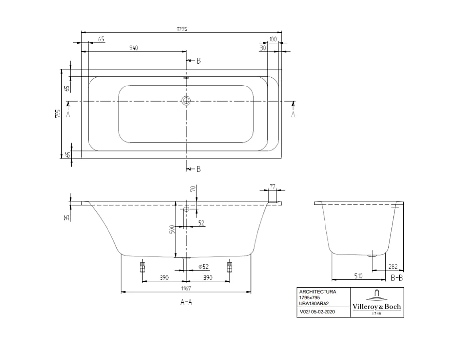 Baignoire droite 180 X 80 VILLEROY ET BOCH Architectura acrylique avec pieds