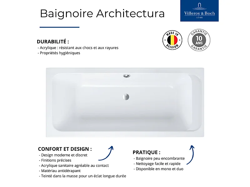 Baignoire droite 190 X 90 VILLEROY ET BOCH Architectura acrylique avec pieds