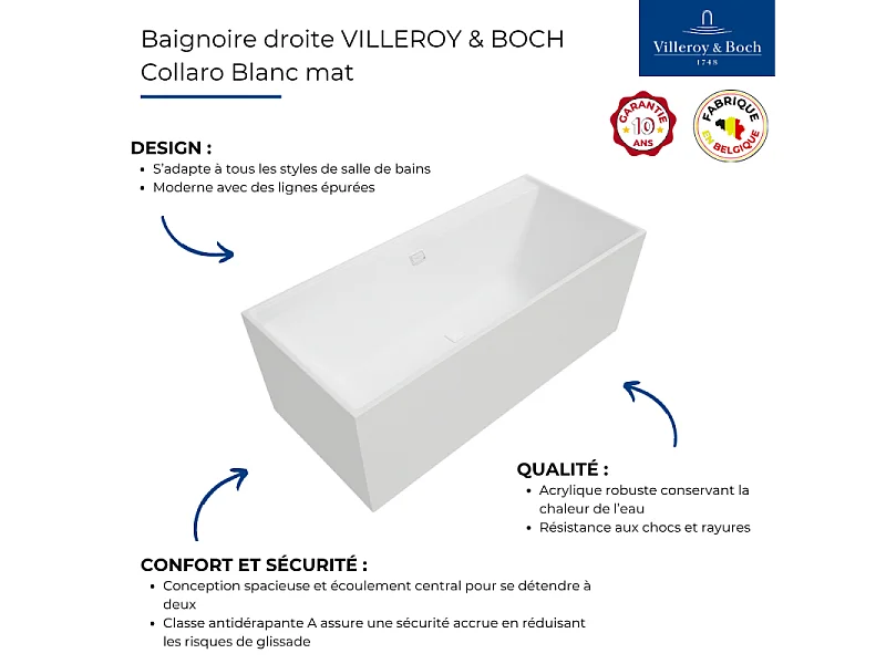 Baignoire droite 170 x 75 VILLEROY & BOCH Collaro acrylique blanc mat avec vidage et trop plein blanc mat