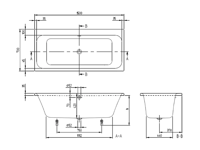 Baignoire droite 150 x 70 VILLEROY & BOCH Architectura avec pieds