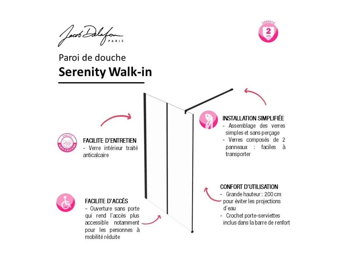 Paroi de douche à l'italienne 100 cm JACOB DELAFON Serenity noir mat