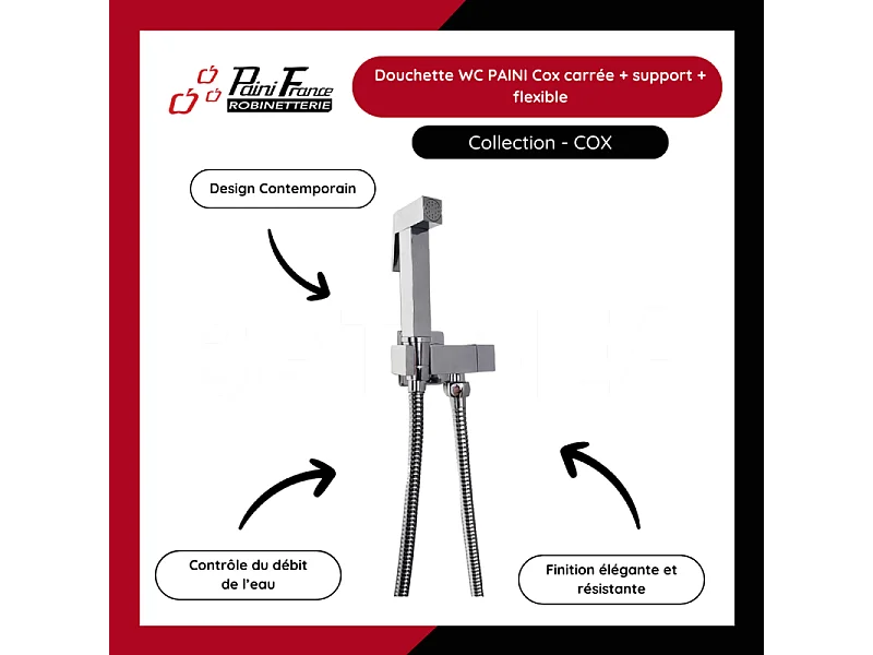 Douchette WC PAINI Cox carrée Chrome + support + flexible
